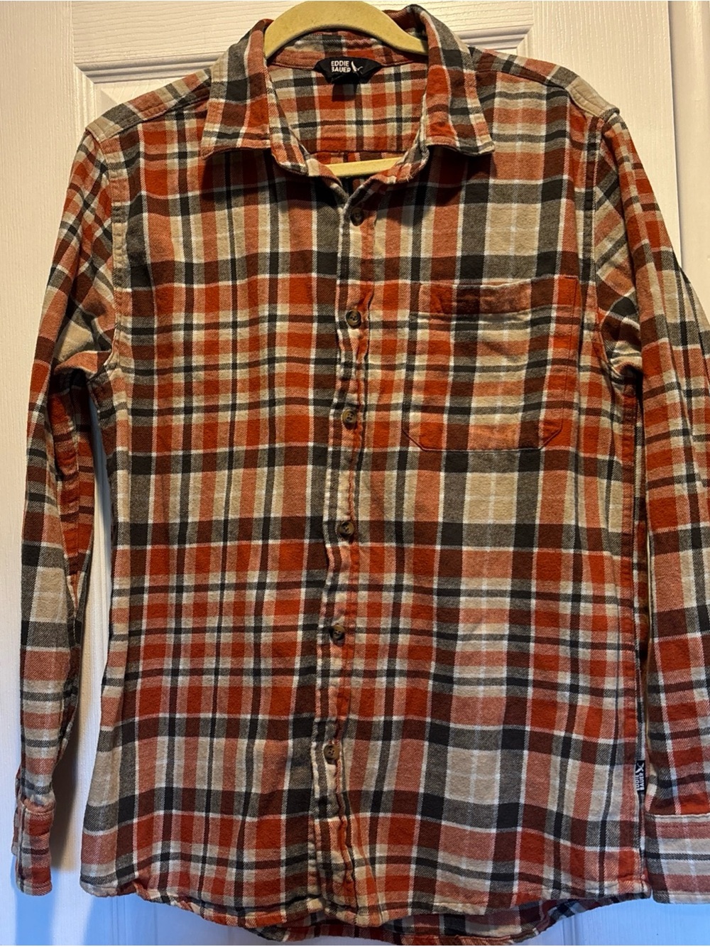 Men’s Eddie Bauer Orange and Gray Plaid Flannel Button-Down Shirt Medium